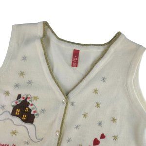 Christmas Womans XL White Gingerbread House Button Front Vest Ugly Sweater‎